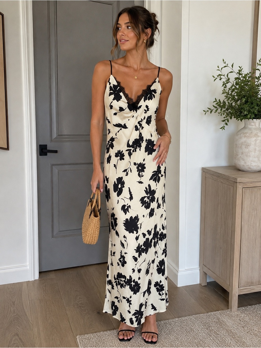 Cream Maxi Slip Dress with Black Floral Print and Lace Trim
